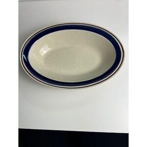 CONTEMPORARY Chateau Hand Painted Stoneware Oval Serving Bowl‎ Blue Brown Stripe